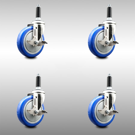 Service Caster 5 Inch 316SS Blue Poly Swivel 7/8 Inch Expanding Stem Caster Set Brake SCC SCC-SS316EX20S514-PPUB-BLUE-TLB-78-4